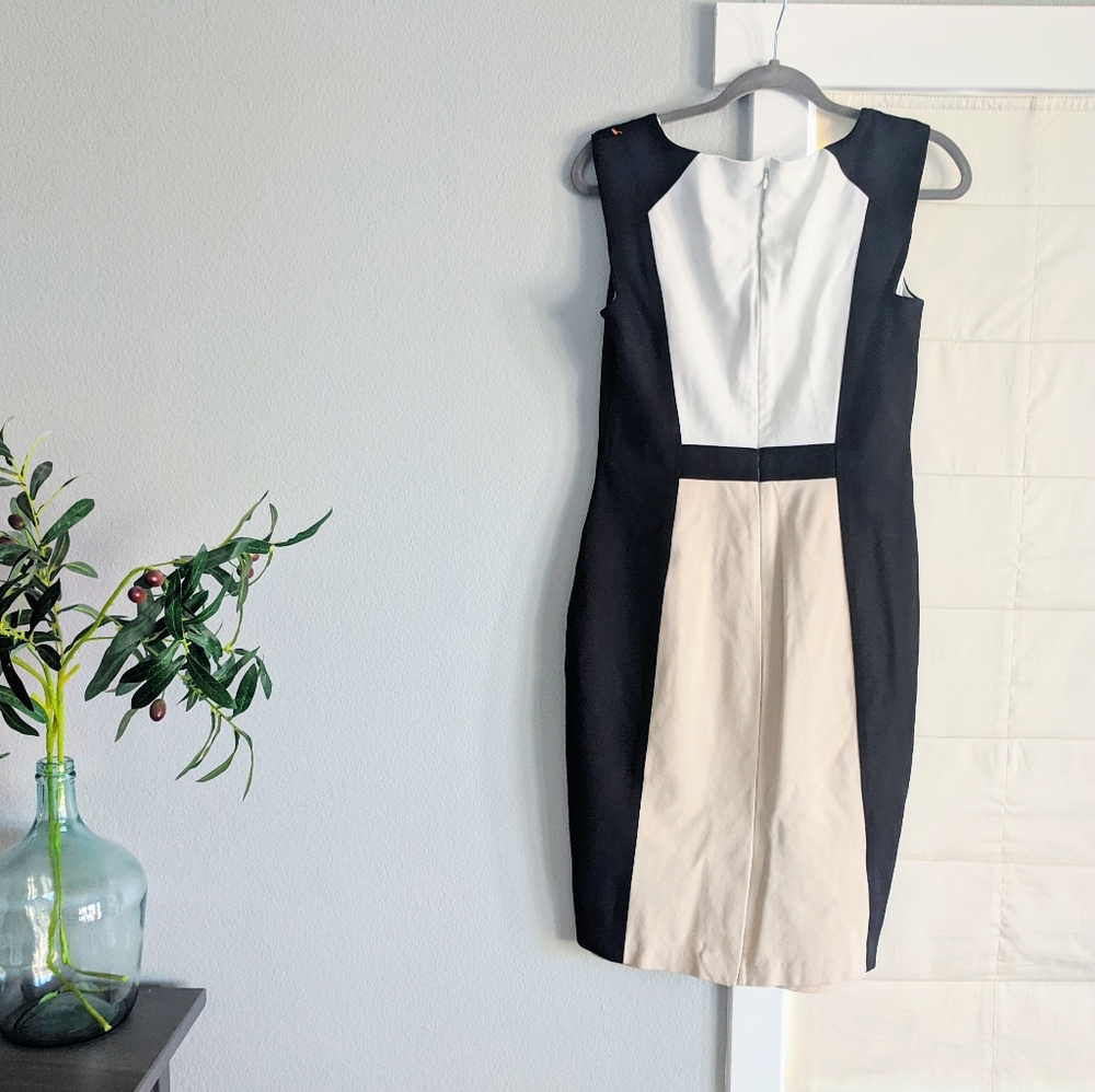 White House Black Market Black, White & Beige Colorblock Sheath Dress - Picture 2 of 8